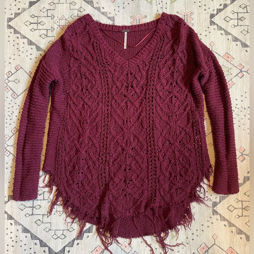Size S Free People distressed hem burgundy sweater